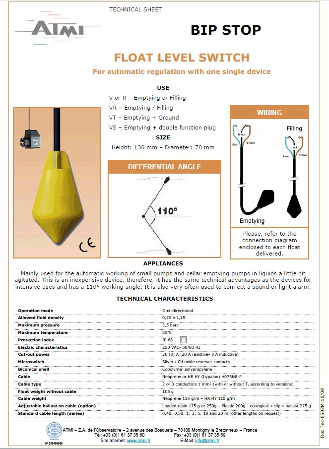 ATMI【BIP STOP】浮球/浮子式液位控制开关
